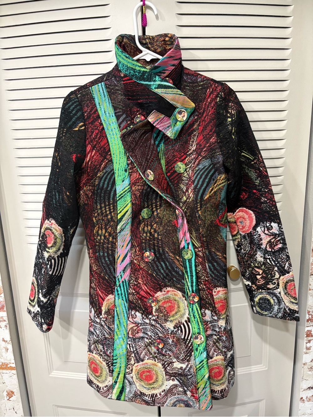 Desigual Multicolor Patterned Button-Front Coat with Teal and Red Accents